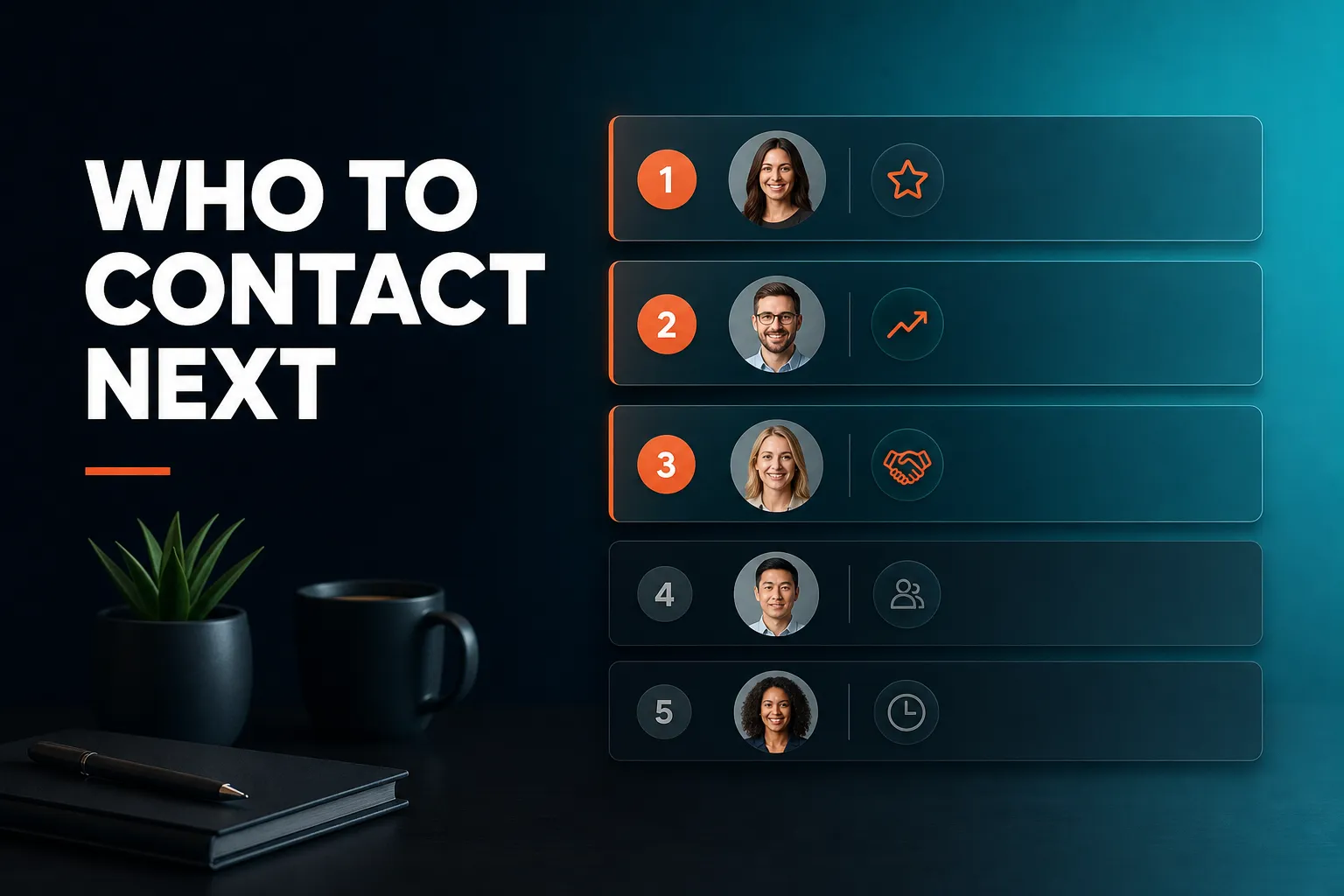 A clean, ranked list of contact cards on a calm desk-style dashboard, with the top few highlighted and a short reason beside each one.
