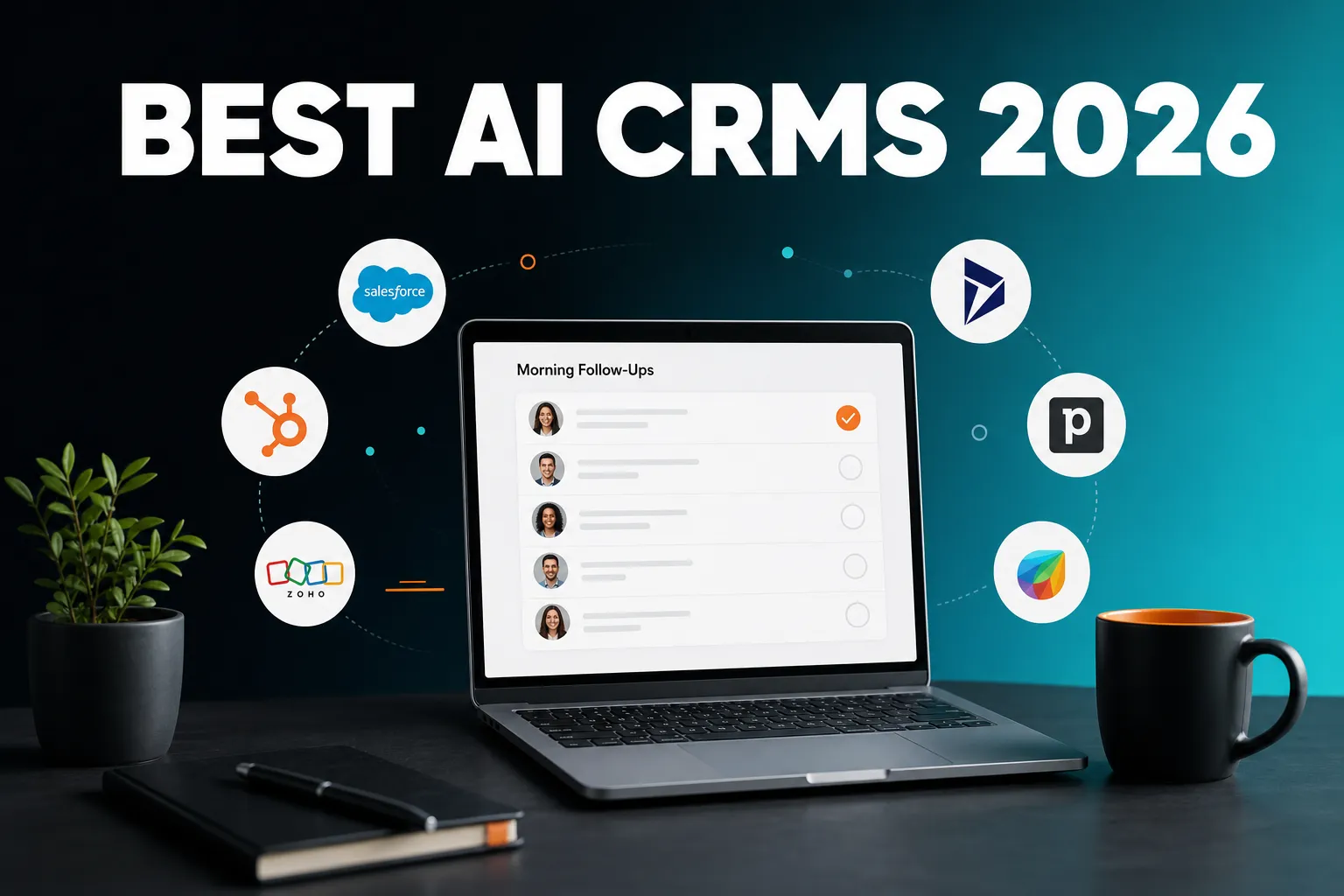 A clean desk scene with a laptop showing a simple morning list of customer follow-ups, surrounded by abstract icons for several different CRM tools.