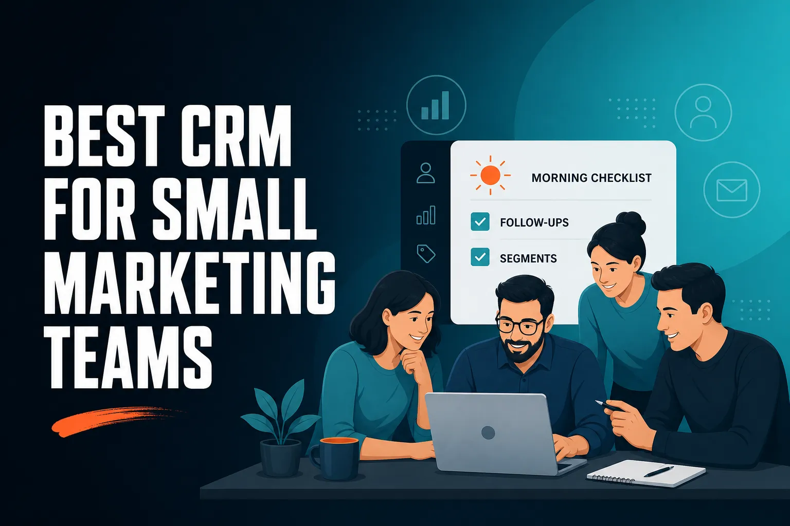 A small team around a laptop with a simple morning checklist of follow-ups and segments, clean flat illustration in calm blues.