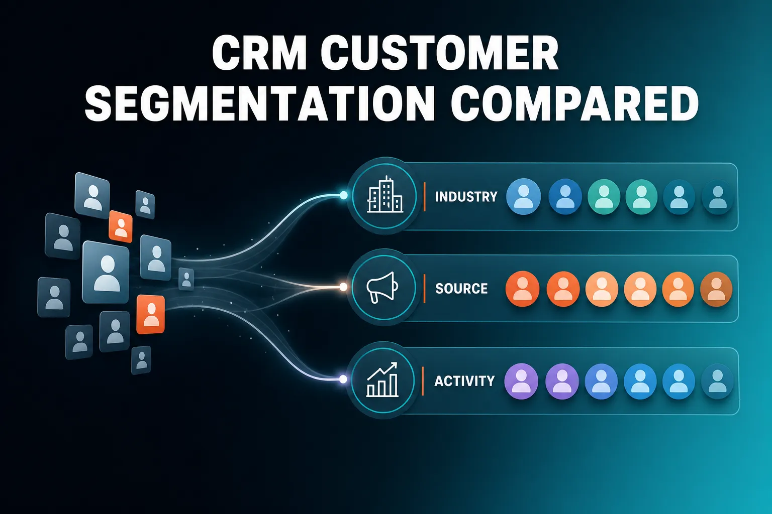 A clean illustration of customer contacts sorting into labelled groups by industry, source and activity, with a soft, uncluttered business feel.
