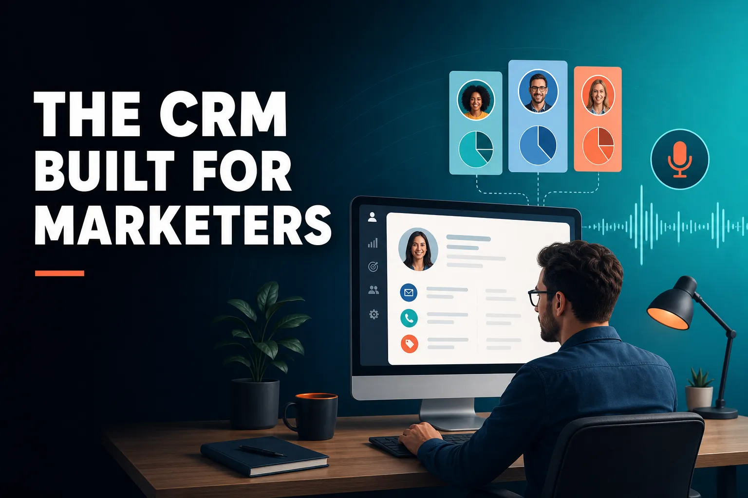 A clean, modern illustration of a marketer at a desk with a contact record, colourful audience segments and a voice waveform, in calm blues and warm accent tones.
