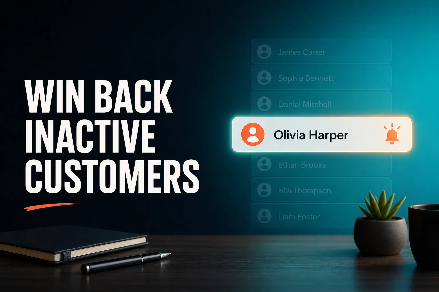 A calm desk scene where a faded list of customer names is gently highlighted and brought forward, with one name glowing as a follow-up reminder.