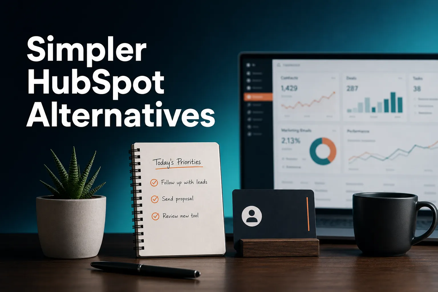 A calm, uncluttered desk with a single short list of today's priorities beside a simple contact card, contrasted with a faint, busy dashboard in the background.